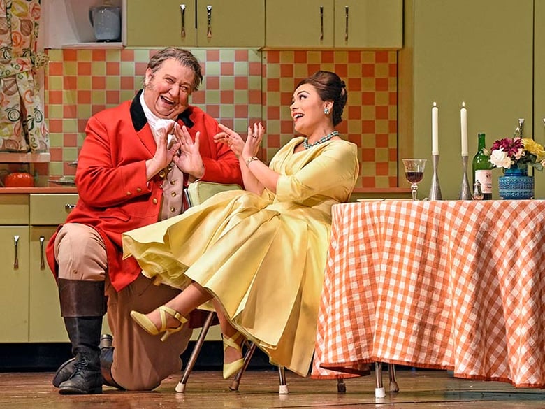 Ailyn Pérez as Alice and Ambrogio Maestri in the title role of Verdi's "Falstaff." Photo: Karen Almond/Met Opera