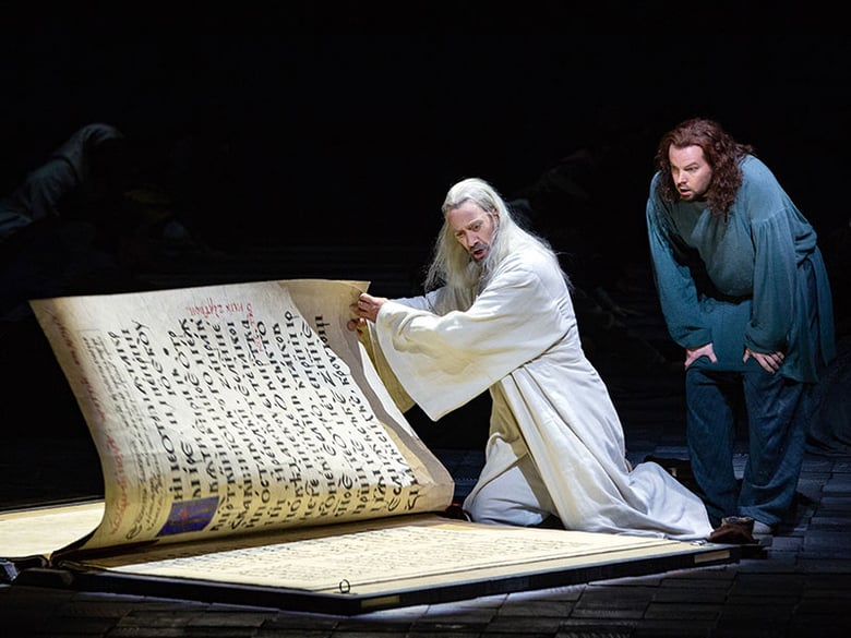 Ain Anger as Pimen and David Butt Philip as Grigory in Mussorgsky’s “Boris Godunov." Photo: Marty Sohl/Met Opera