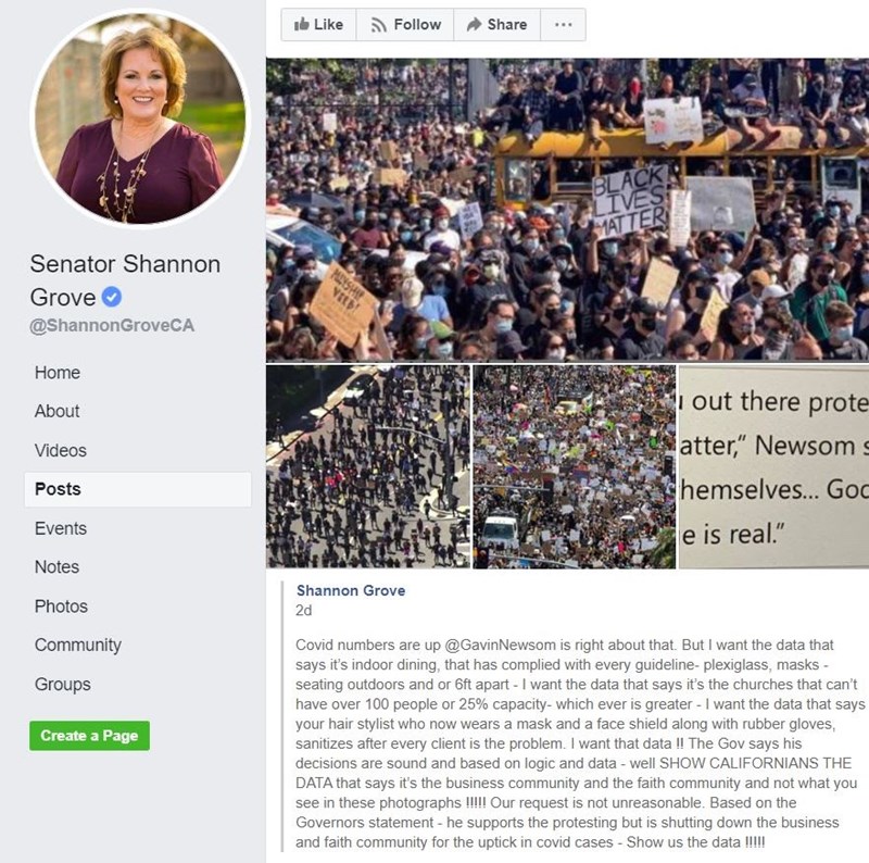 State Senator Shannon Grove, R-Bakersfield, published this Facebook post on July 14.