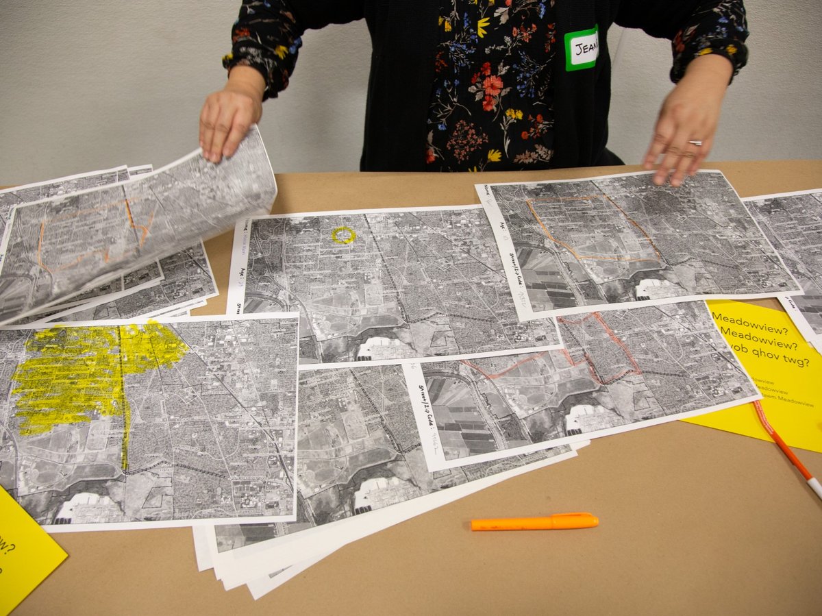 Meadowview residents drew what they considered to be the boundaries of Meadowview on maps at a community fair put on by CapRadio at John Sloat Elementary School in January.