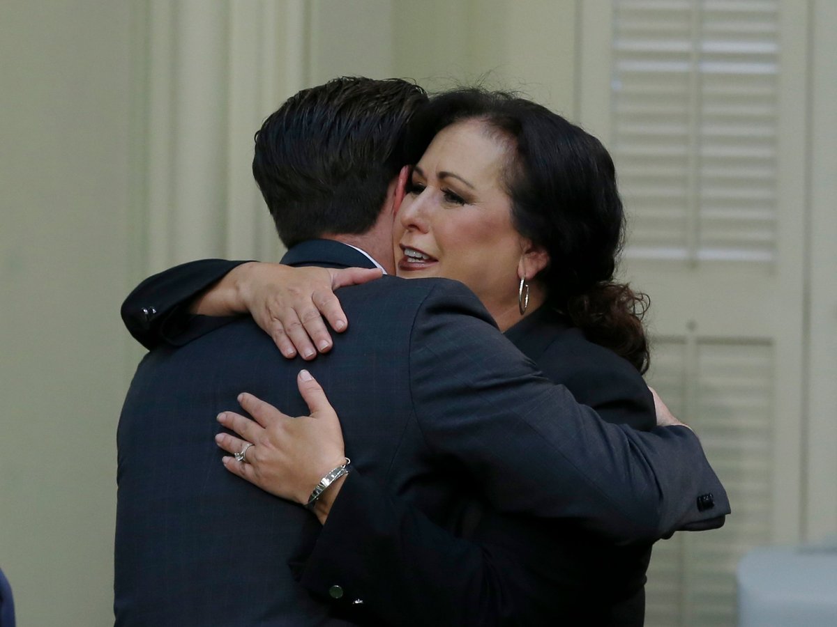 Assemblywoman Lorena Gonzalez, D-San Diego, receives congratulations from Assemblyman Ian Calderon, D-Whittier, after her bill to give new wage and benefit protections at the so-called gig economy companies was approved by the Assembly in Sacramento.