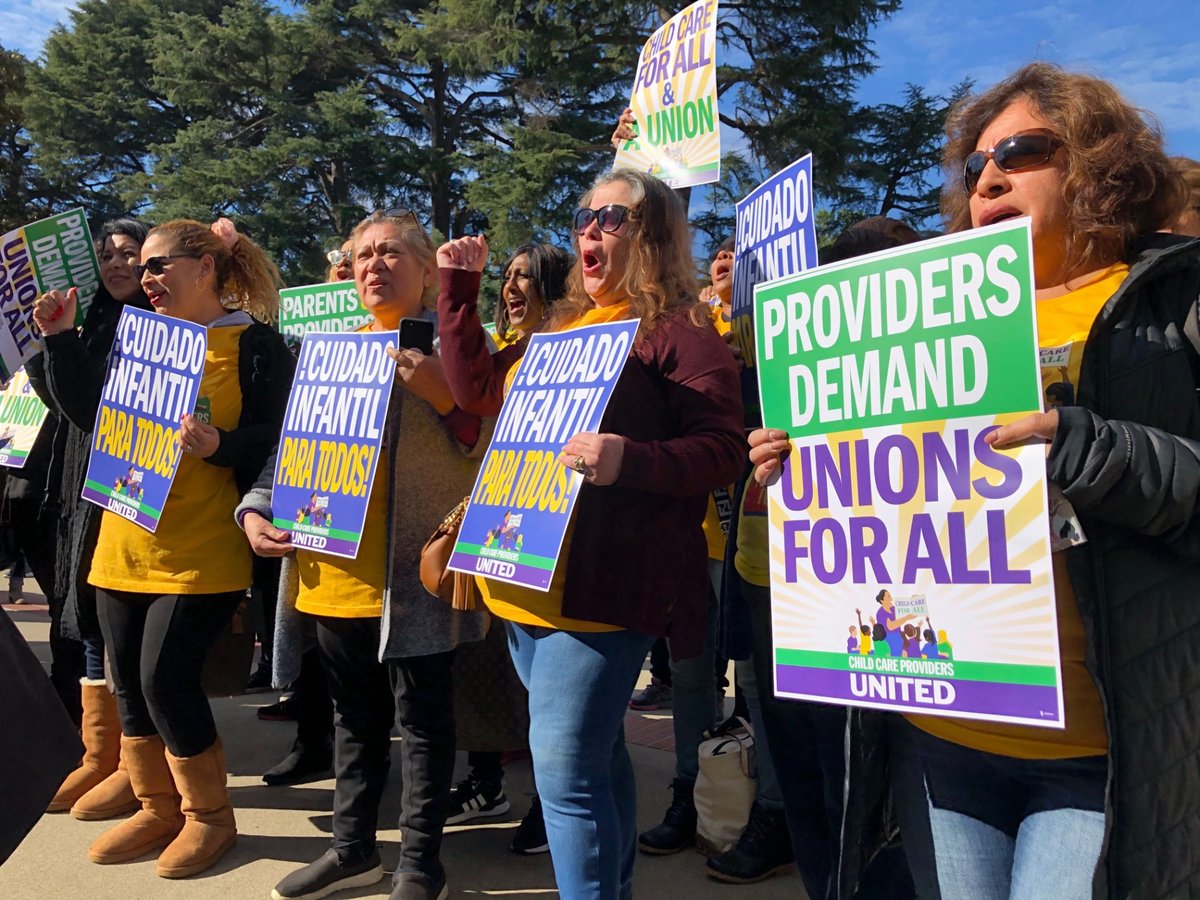 Child care workers rally outside the California state Capitol on Feb. 5, 2020.
