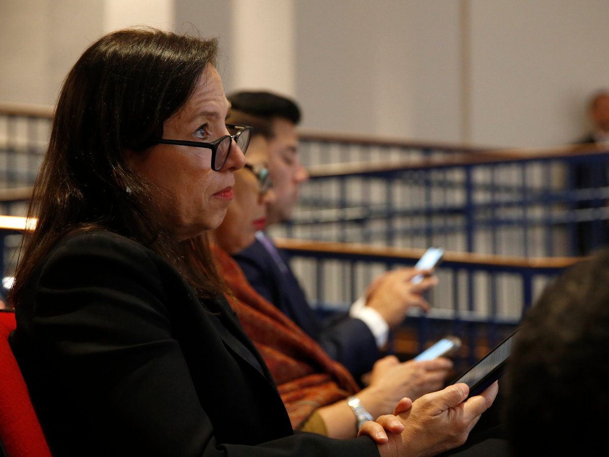 Lt. Gov. Eleni Kounalakis listens as Gov. Gavin Newsom presents his first state budget during a news conference Thursday, Jan. 10, 2019, in Sacramento, Calif.