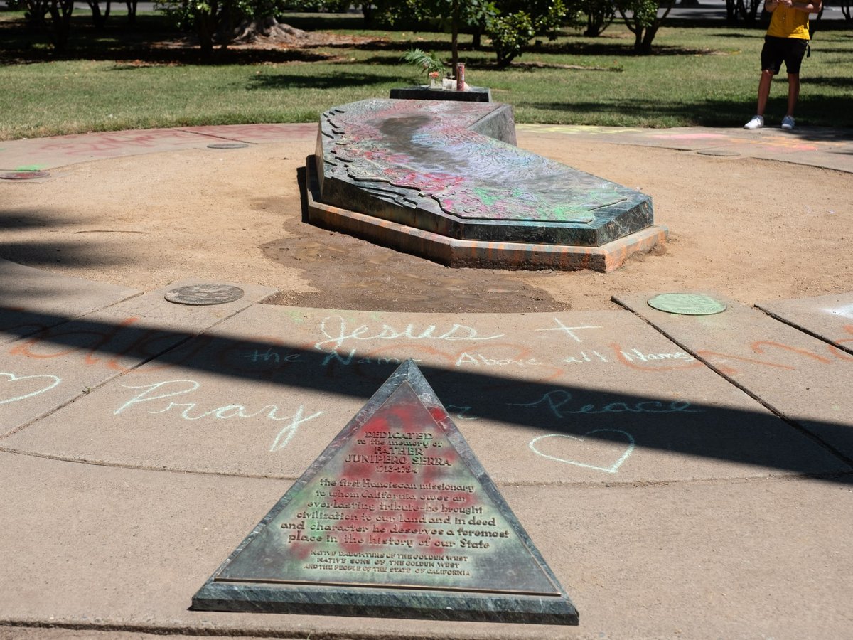 Demonstrators damaged and tore down a statue of Catholic missionary Junipero Serra on the east side of the state Capitol grounds according to the California Highway Patrol.