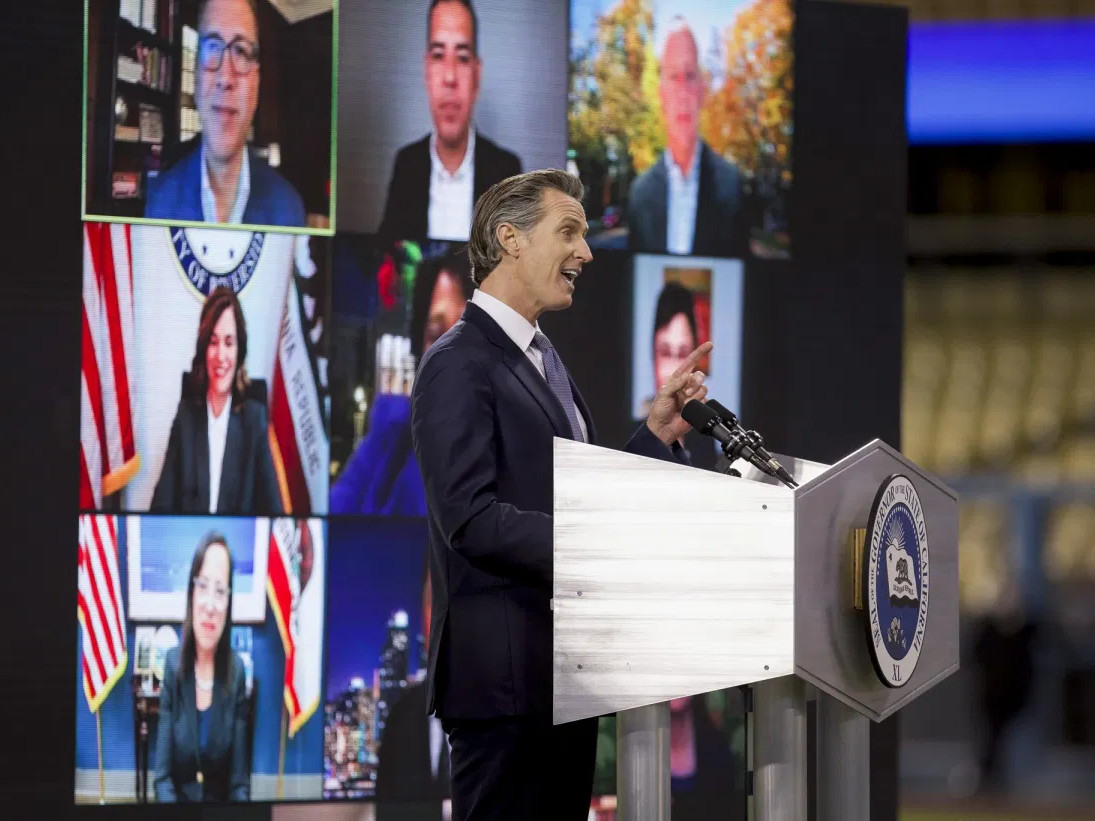 Gov. Gavin Newsom delivers the State of the State address at Dodger Stadium in Los Angeles on March 9, 2021.