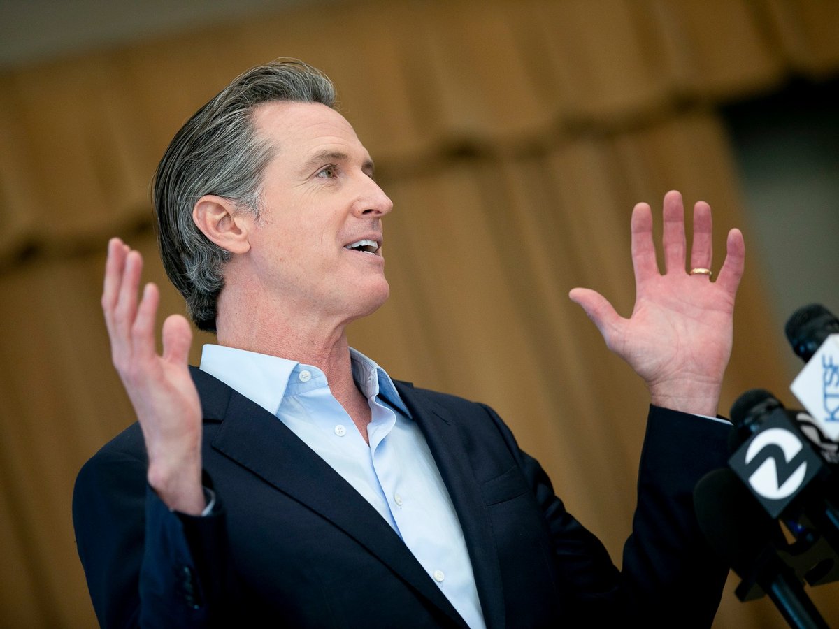 Gov. Gavin Newsom speaks to the press during a visit to Ruby Bridges Elementary School in Alameda on March 16, 2021.