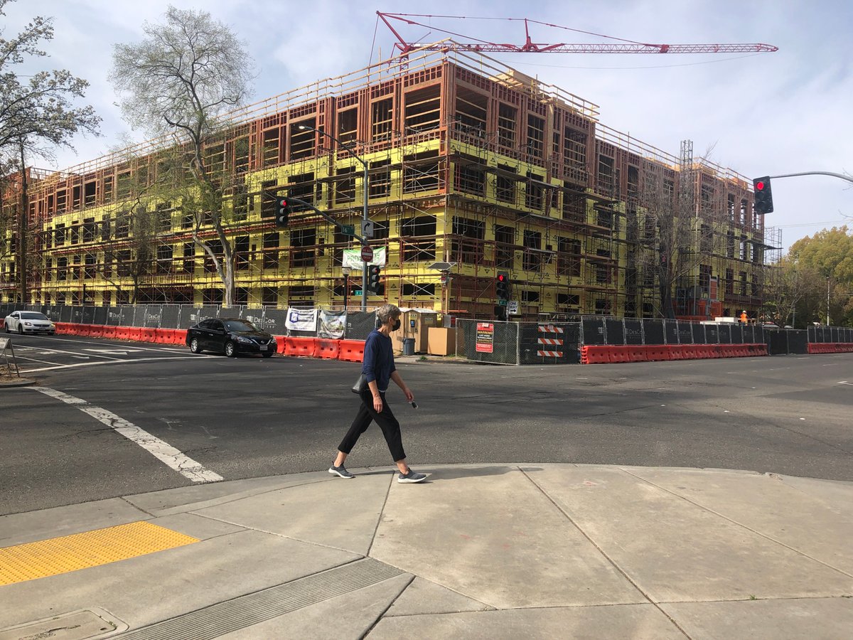 New housing is under construction at 16th and H Streets in Sacrameto. This project replaces a long vacant motel. Housing construction is up in Sacramento, but housing for poorer residents is falling short.
