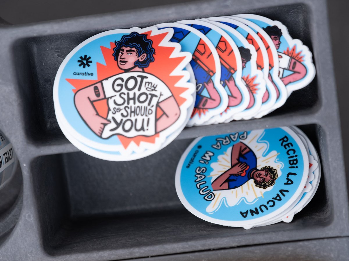 Stickers at a vaccine clinic at McClellan on March 3, 2021.