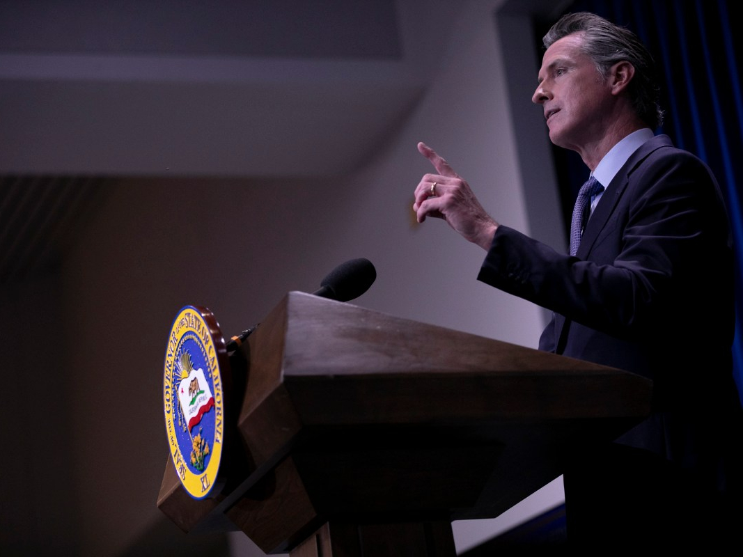 Gov. Gavin Newsom presents the breakdown for his $267.8 billion budget revise in a program dubbed ‘California Roars Back’ at the Secretary of State building auditorium in Sacramento on May 14, 2021.
