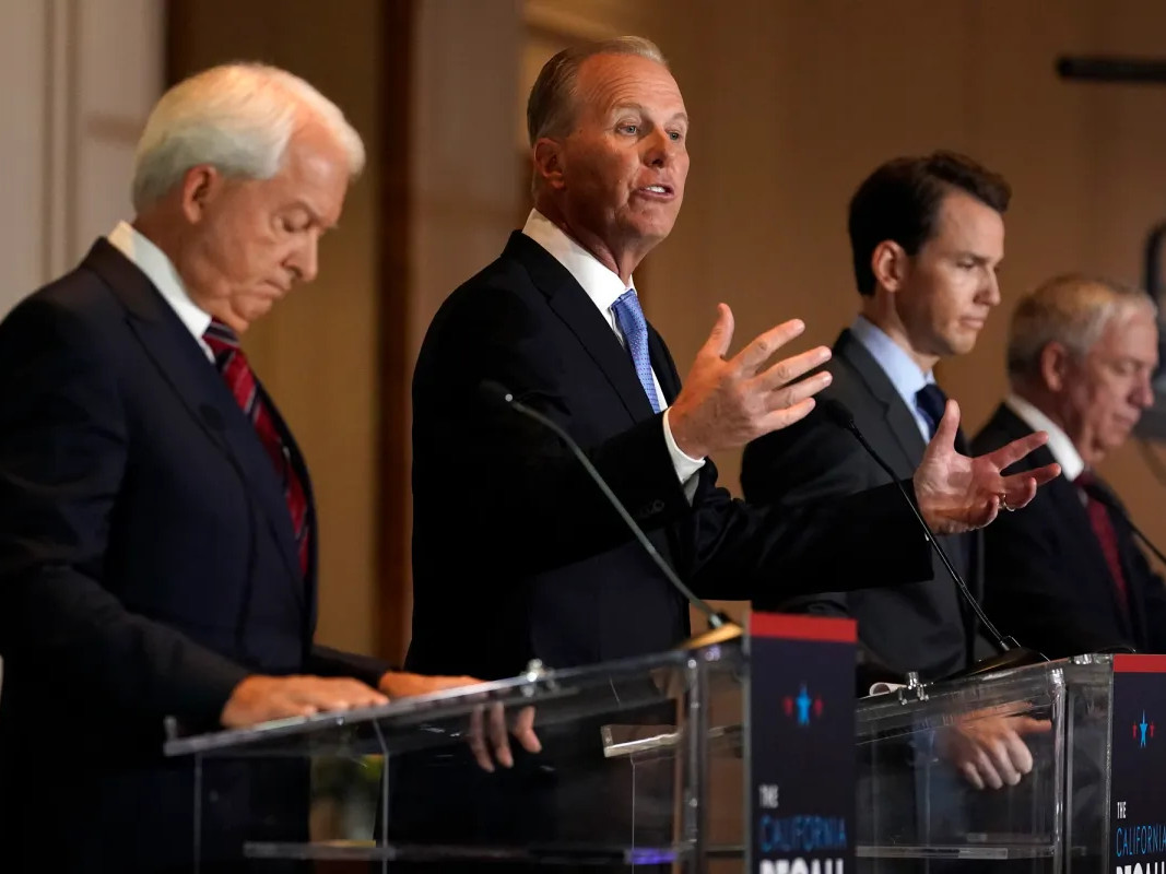From left, Republican candidates for governor John Cox, Kevin Faulconer, Kevin Kiley and Doug Ose participate in a debate at the Richard Nixon Presidential Library in Yorba Linda on Aug. 4, 2021.
