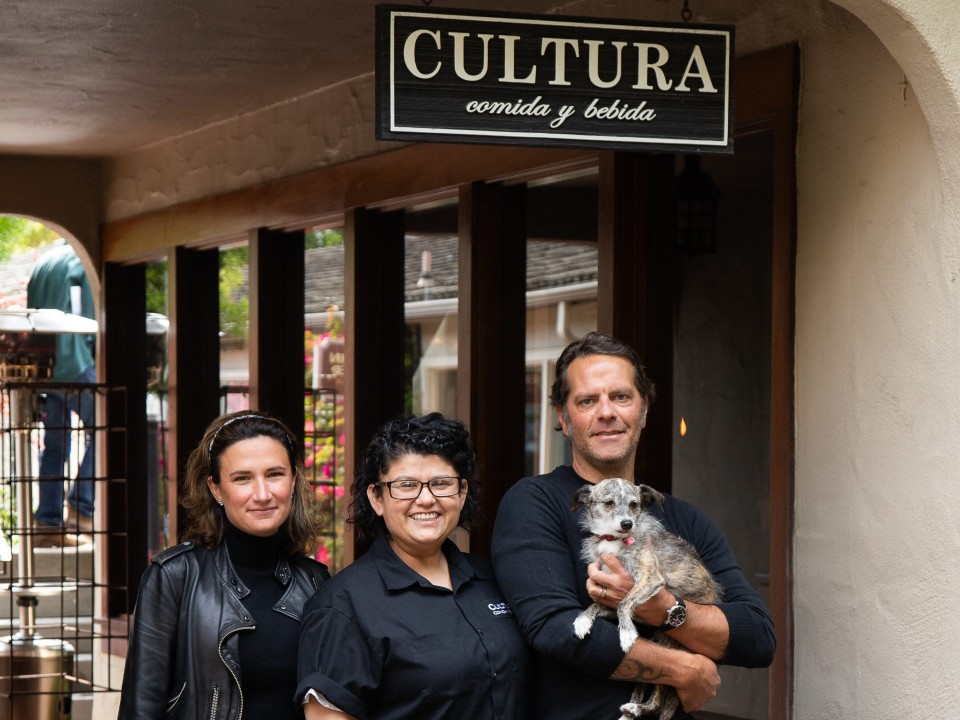 Managing partners, Sarah-Kabat Marcy and Michael Marcy with and Chef Michelle Estigoy, center, pose outside their restaurant Cultura Comida y Bebida in Carmel-By-The-Sea, on August 6, 2021.