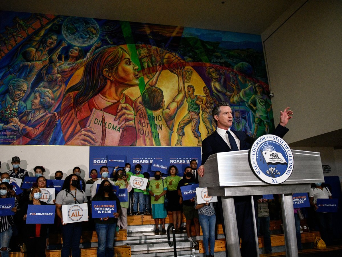 Gov. Gavin Newsom delivers a speech during a rally at the Barrio Action Youth and Family Center, where he would sign the California Comeback Plan relief bill, on July 13, 2021.