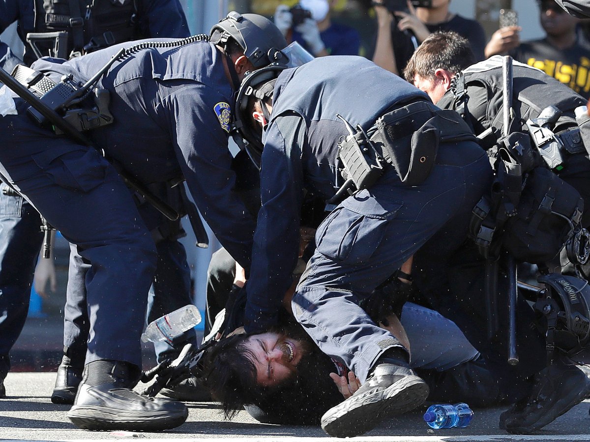 San Jose police subdue a man prior to arresting him during a San Jose protest May 29, 2020, over the police killing of George Floyd in Minneapolis.