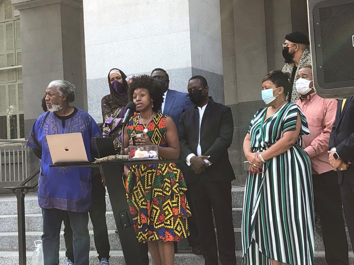 Nakia Porter and her father, JB Powell speak at a rally demanding an independent investigation into the Solano County Sheriff's Office on Wednesday, September 16, 2021.