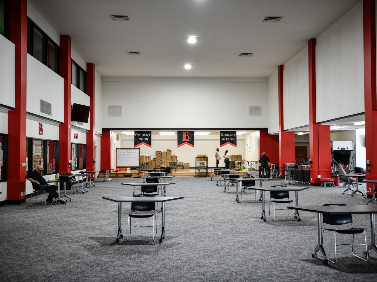 Tables are seperated for social distancing measures inside the student affair's building at Long Beach City College, Liberal Arts Campus, on June 8, 2021.