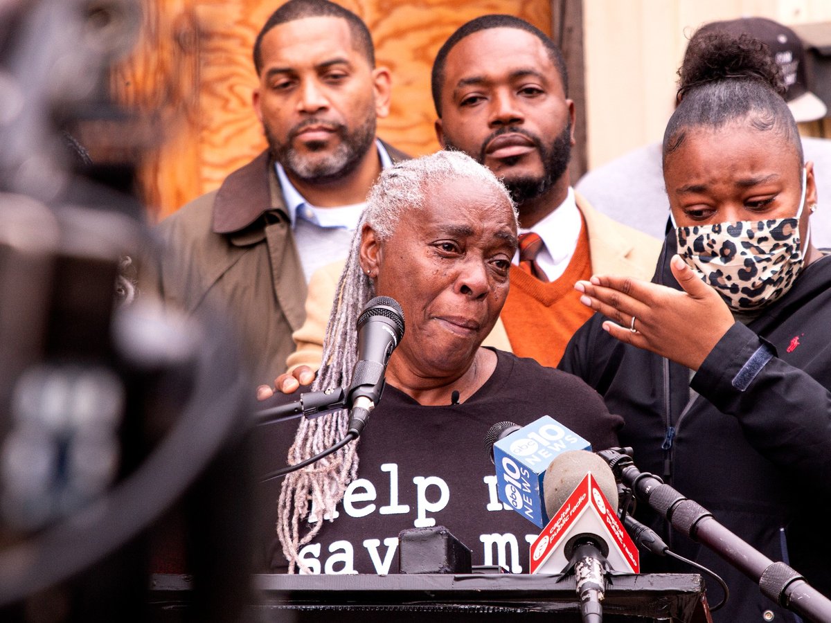 Wanda Clark, 71, stood in the driveway of her Oak Park home surrounded by family as she spoke about her fight to keep her house during a press conference on Oct. 20, 2021.