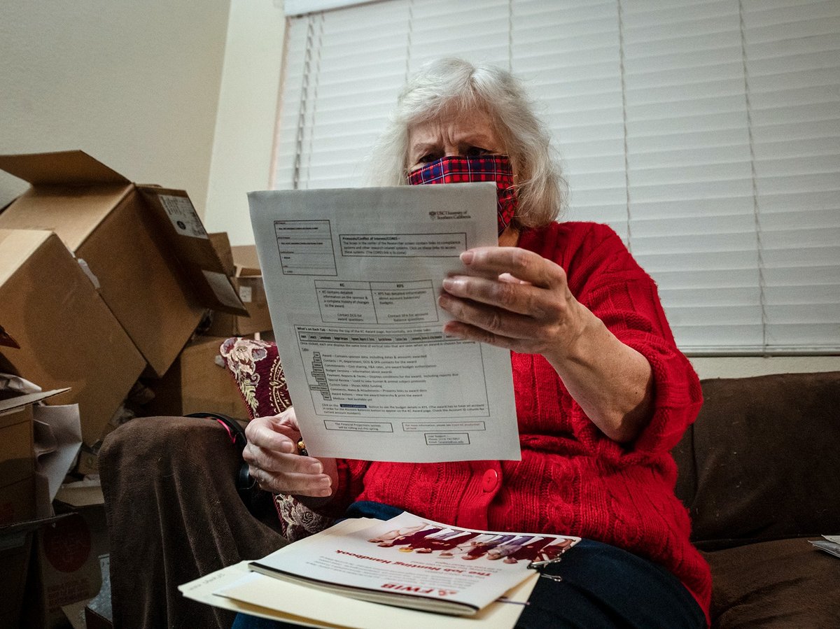 Nance Parry spends hours each day at home searching job listings on the internet and printed out lists of local job postings in Duarte on Dec. 6, 2021.
