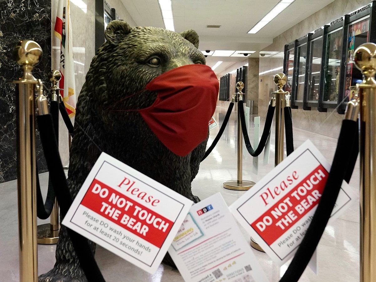 The "Bacteria Bear" sculpture won't greet legislators outside Gov. Gavin Newsom's state Capitol office. It's in storage during a renovation.