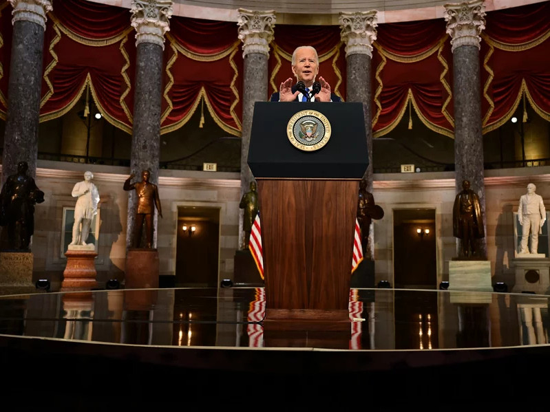 President Joe Biden speaks at the Capitol on Jan. 6, 2022, to mark the anniversary of the attack on the Capitol in Washington, D.C.