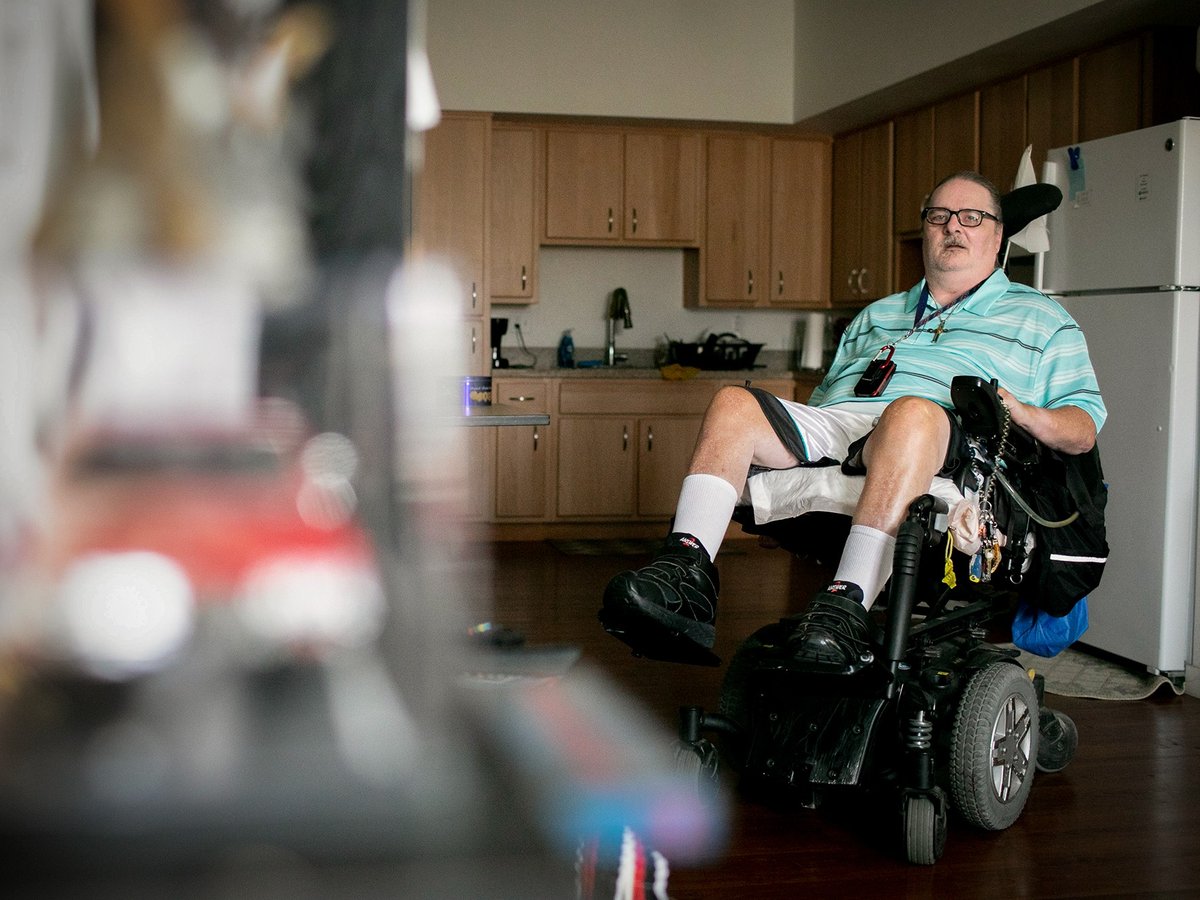 Bradley Fisher, 62, in the Antioch home he eventually moved into after spending 14 years in a Bay Area nursing home. Sept. 2, 2021.