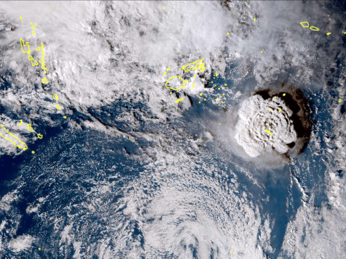 In this satellite image taken by Himawari-8, a Japanese weather satellite, and released by the agency, shows an undersea volcano eruption at the Pacific nation of Tonga Saturday, Jan. 15, 2022.