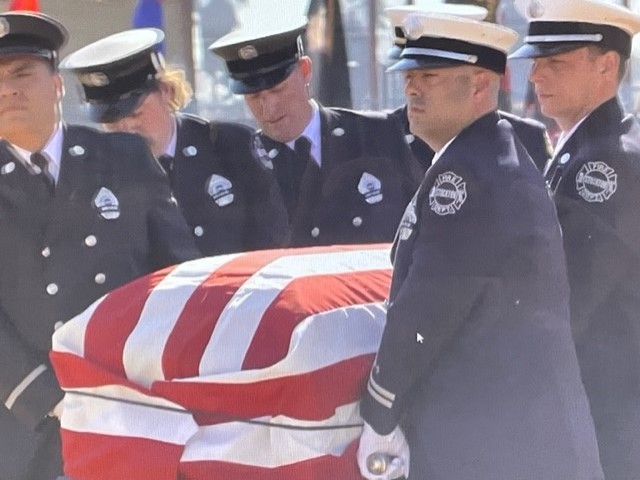 Firefighters gathered at the memorial service for Max Fortuna who served the Stockton Fire Department for over two decades.
