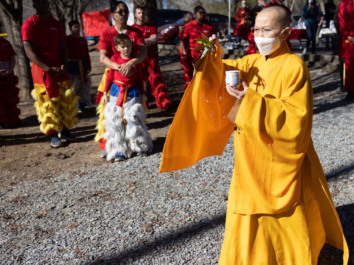 Venerable Ru Hsian of Fo Guang Shan Bodhi Temple, blesses the Gam Saan Trail near Coloma, Calif. on Friday, Feb. 11, 2022.