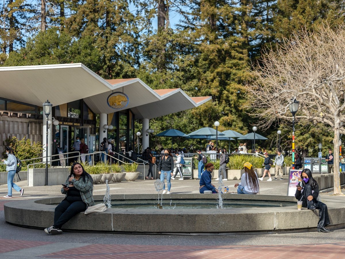 Ludwig's Fountain and the Golden Bear Cafe at the University of California, Berkeley campus on February 3, 2022.
