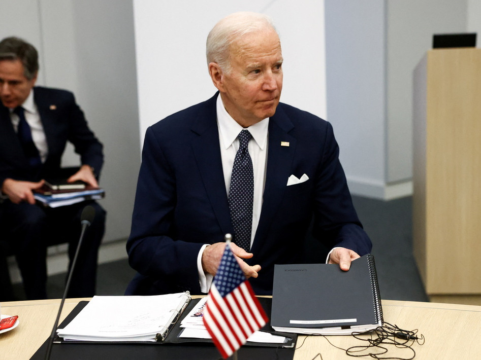 President Joe Biden attends a G7 leaders meeting during a NATO summit on Russia's invasion of Ukraine, at the alliance's headquarters in Brussels, on Thursday.
