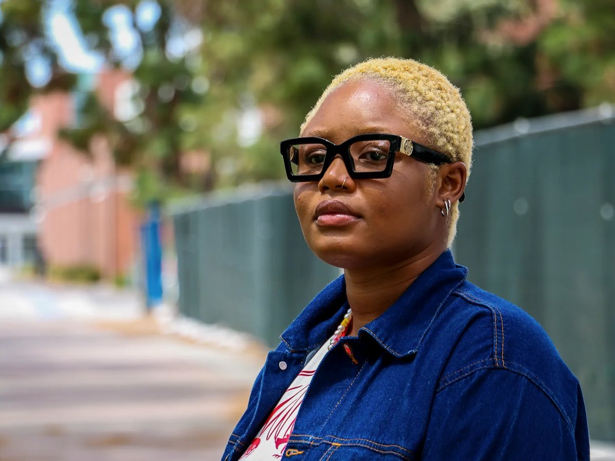 Nursing student Esther Ugwuezumba poses on El Camino College campus in Torrance on May 15, 2022. Ugwuezumba's application for in-state tuition was denied, and her mother works two jobs to help pay her fees.