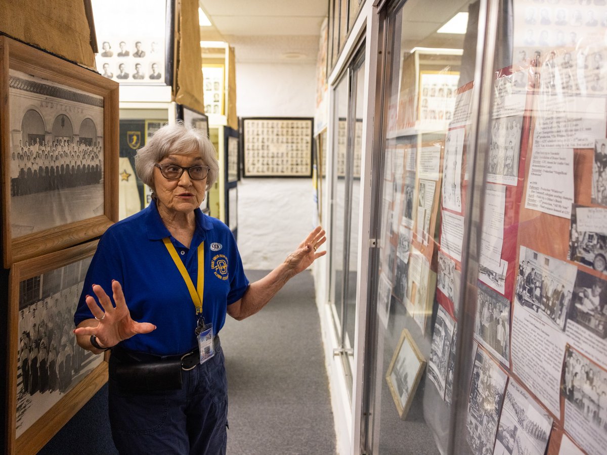 Leora Matranga, class of 1952, shows the collection of artifacts and displays at the Grant Union High School Museum Monday, Sept. 12, 2022.