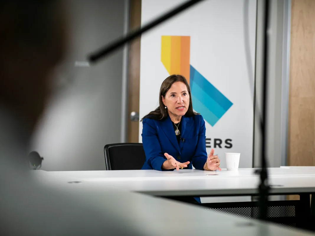 Lt. Gov. Eleni Kounalakis gives an interview at CalMatters on Sept. 19, 2022.
