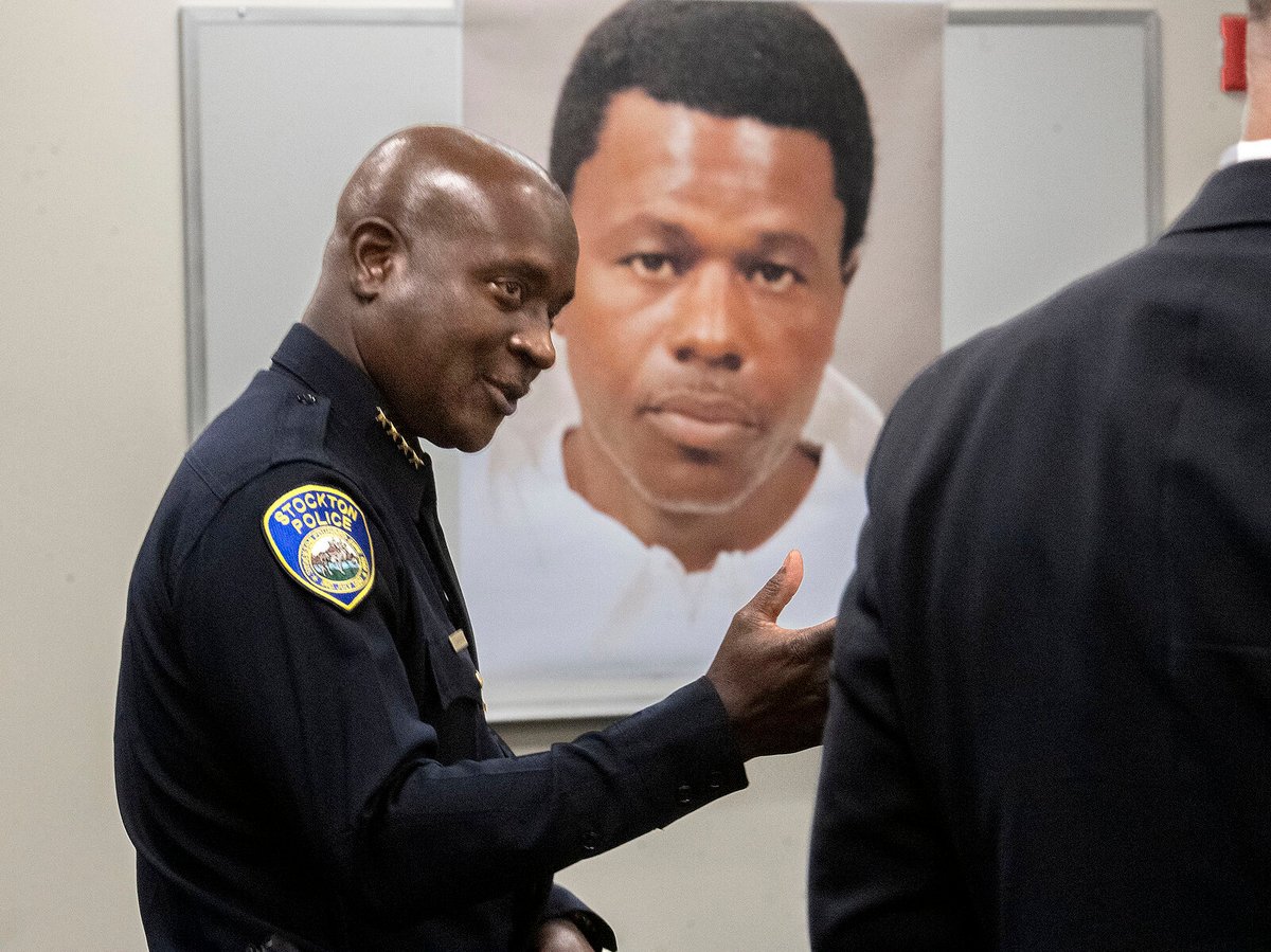 Stockton Police Chief Stanley McFadden speaks during a press conference at the Stockton Police Department headquarters in Stockton, Calif., on the arrest of suspect Wesley Brownlee.
