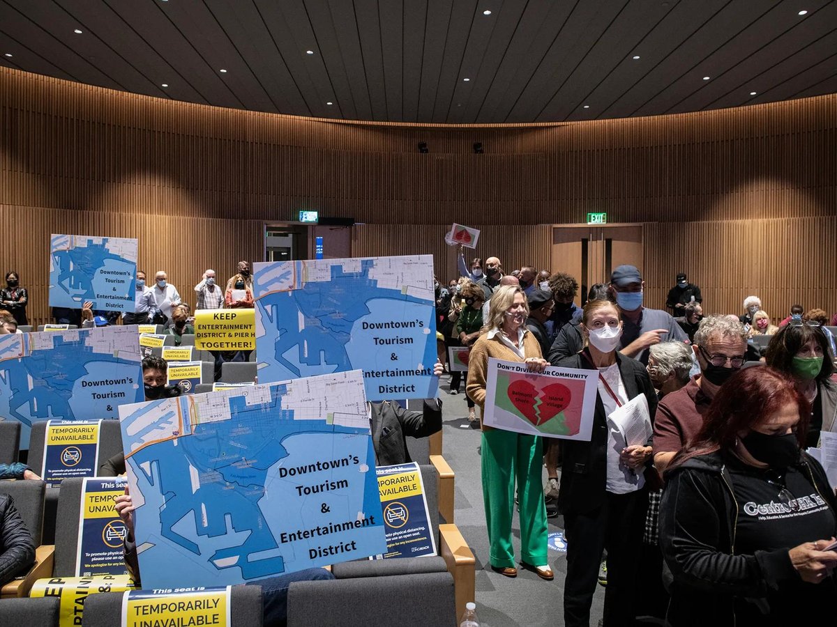 Long Beach residents participate in an independent redistricting commission meeting at City Hall, denouncing some proposed maps on Oct. 20, 2021.