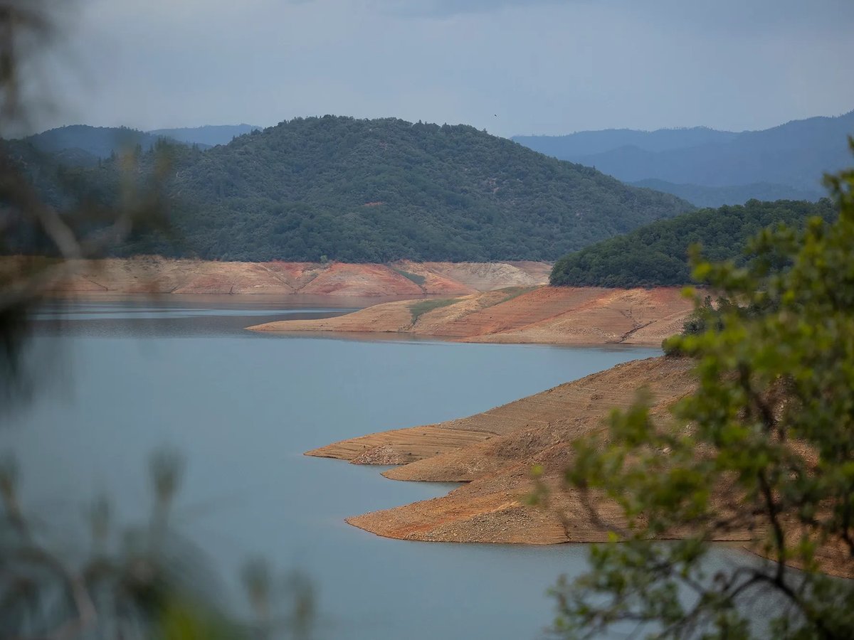Low water levels at Shasta Lake on April 25, 2022. The reservoir as of Feb. 21 , 2023 was at more than 86% of historic average levels.
