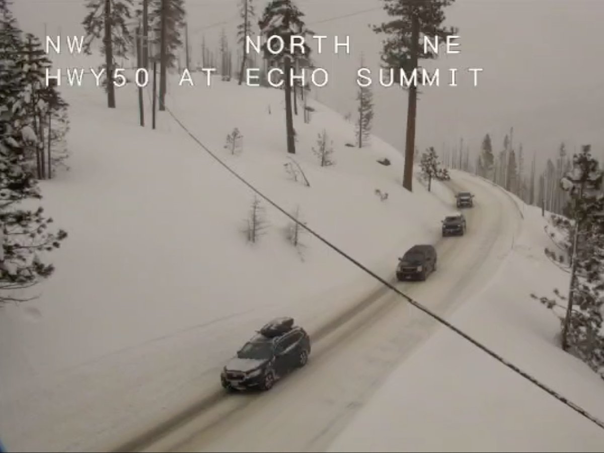 A snow-covered Highway 50 appears in this image from a Caltrans remote camera near Echo Summit on Monday, Feb. 27, 2023.