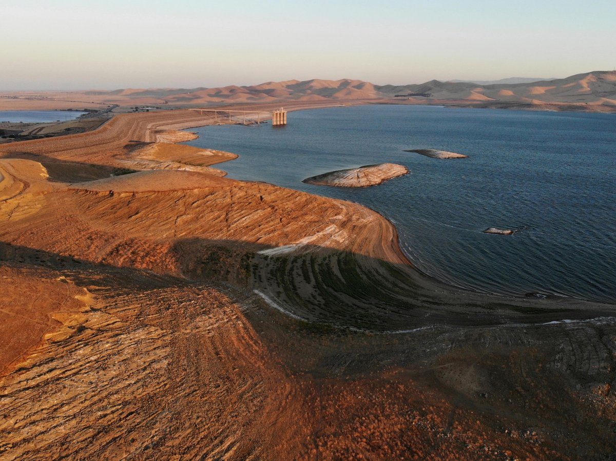 Water levels are low at San Luis Reservoir, which stores irrigation water for San Joaquin Valley farms, in Gustine, Calif., Sept. 14, 2022.