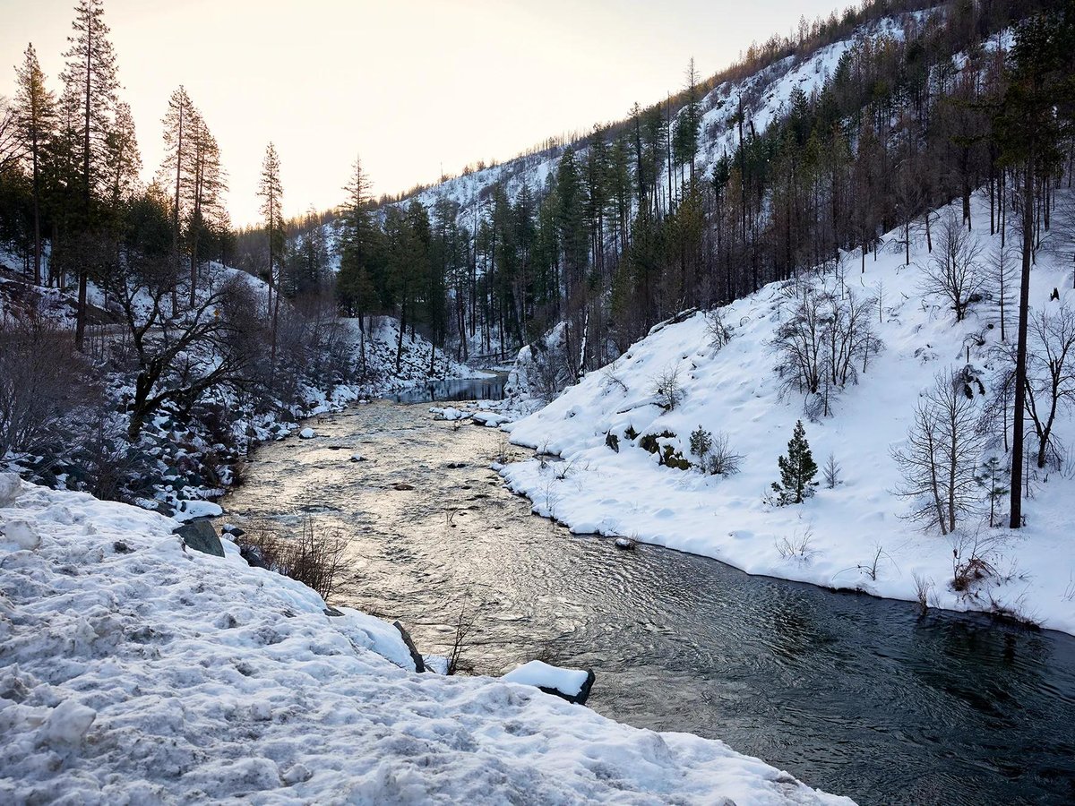 Snow melted into the South Fork of the American River in the Sierra Nevada on March 3, 2023.