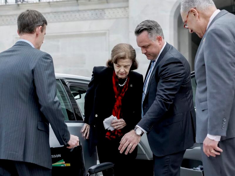 California Democratic Sen. Dianne Feinstein exits from her car as she returns to the U.S. Capitol Building on May 10. She returns after months away following a shingles diagnosis.