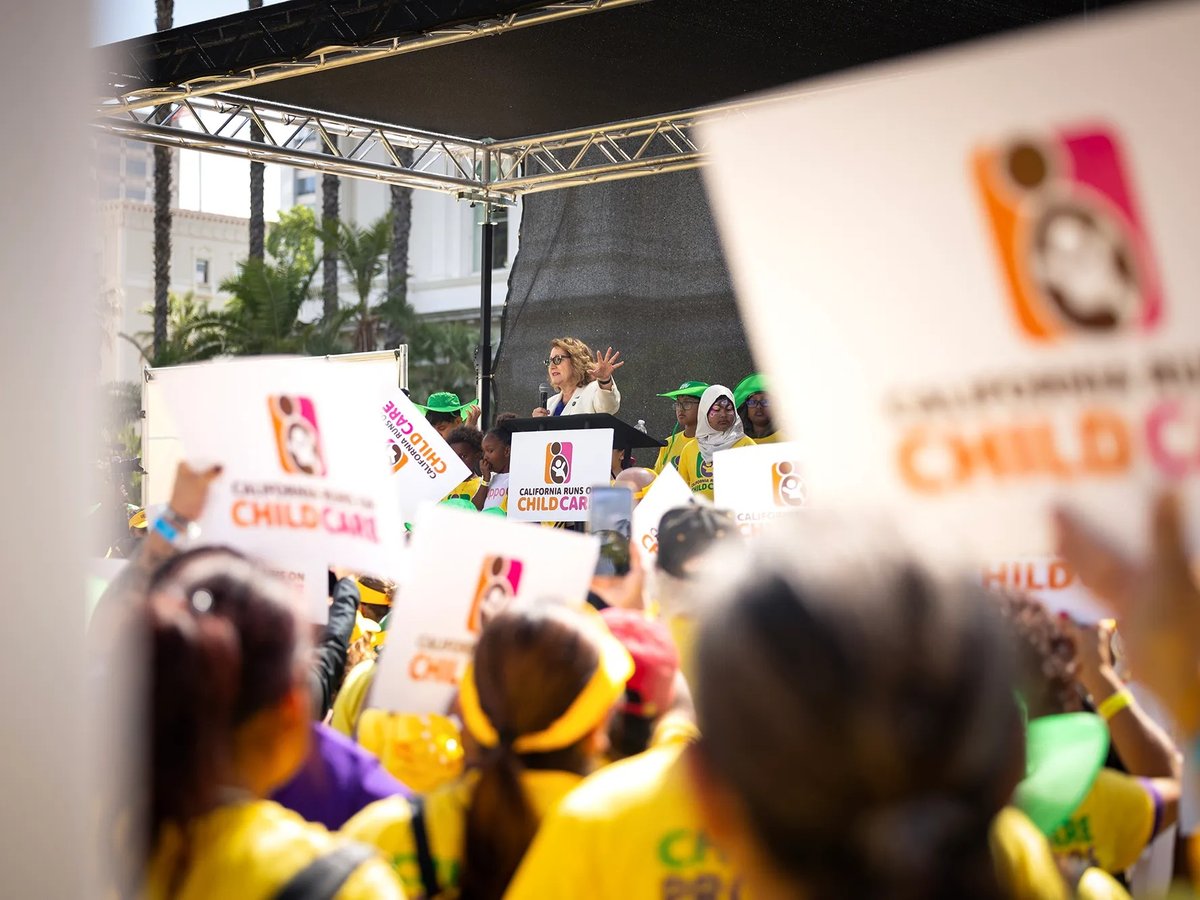 Assemblymember Eloise Gómez Reyes speaks to the crowd gathered for the Child Care Providers United rally at the state Capitol in Sacramento on June 15, 2023.