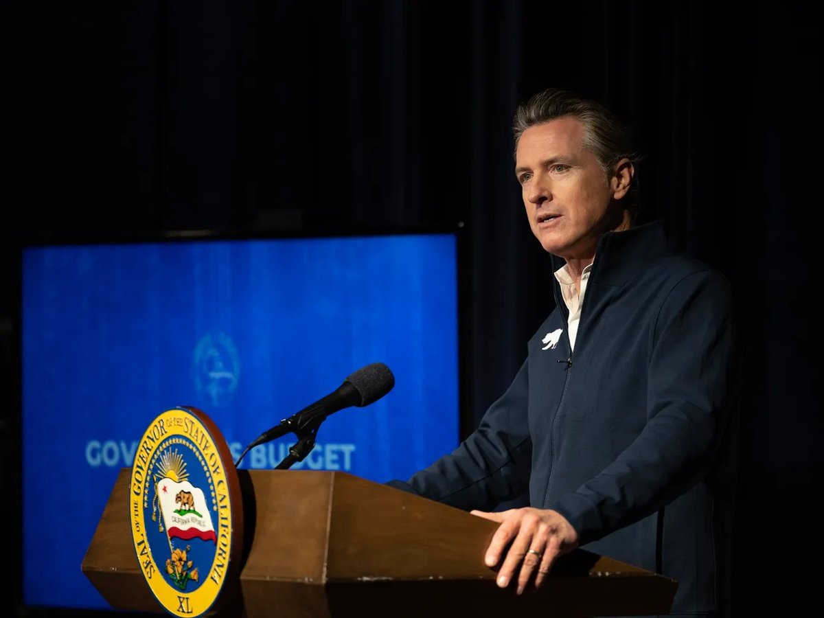 Gov. Gavin Newsom unveils his budget proposal for the 2023-24 fiscal year during a press briefing at the California Natural Resources Agency in Sacramento on Jan. 10, 2023.