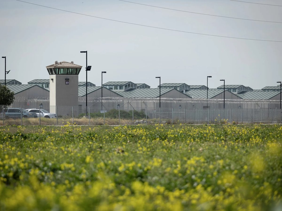 A guard tower at the California Health Care Facility prison in Stockton on March 2, 2022.