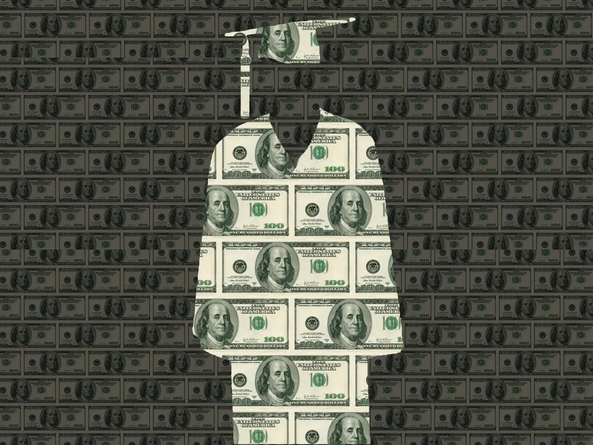 College graduation cap and gown made of $100 bill