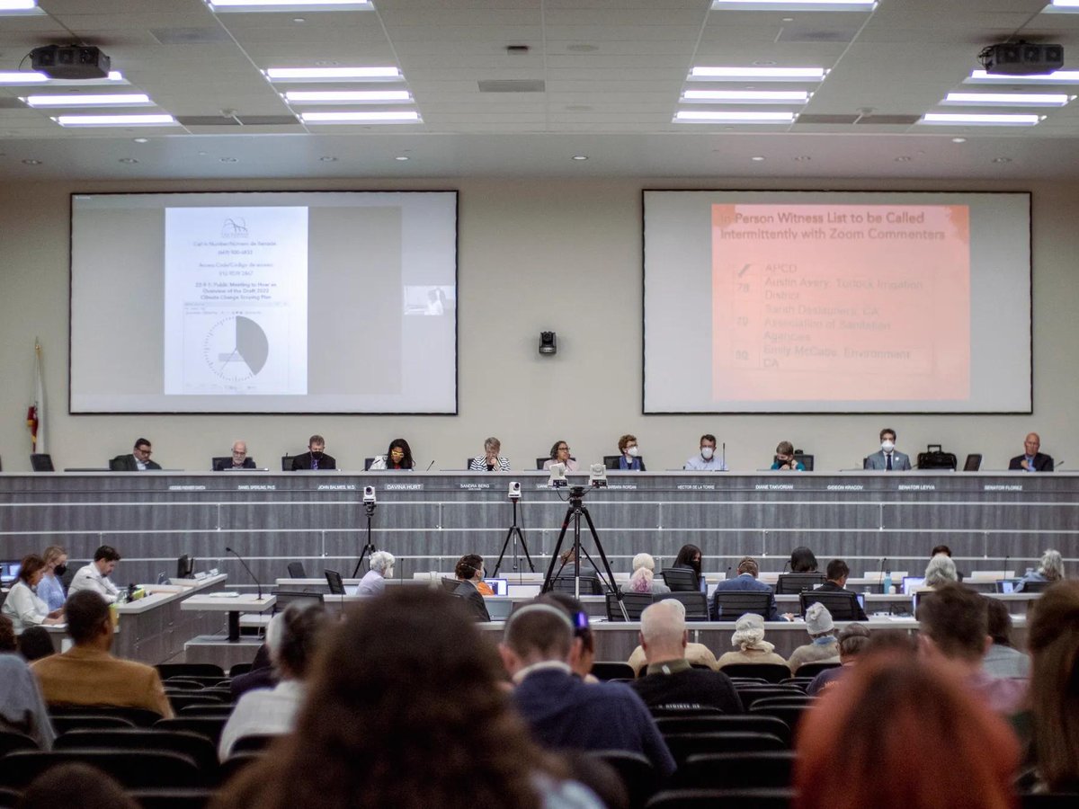 The California Air Resources Board meets at the California Environmental Protection Agency building in Sacramento on June 23, 2022.