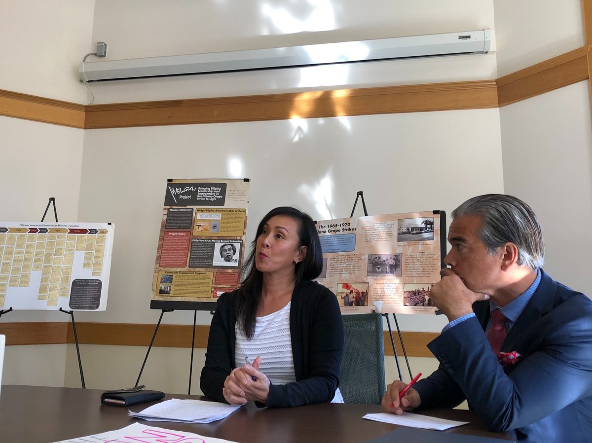 Rodriguez and then-Assembly member Rob Bonta discuss the $1 million state grant to the Bulosan Center at a community event in Hart Hall, taken Oct. 29, 2018.