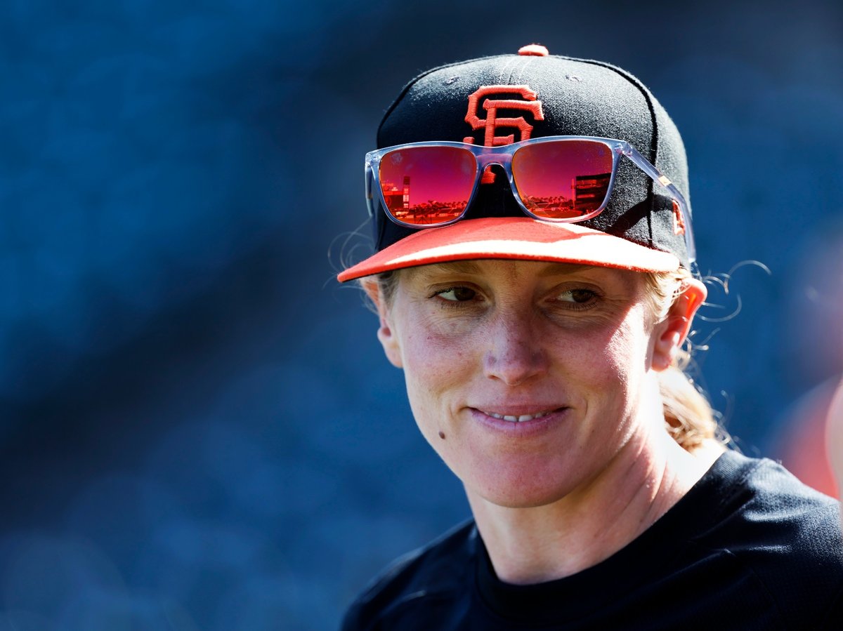 San Francisco Giants assistant coach Alyssa Nakken speaks to a reporter in San Francisco, July 7, 2023.