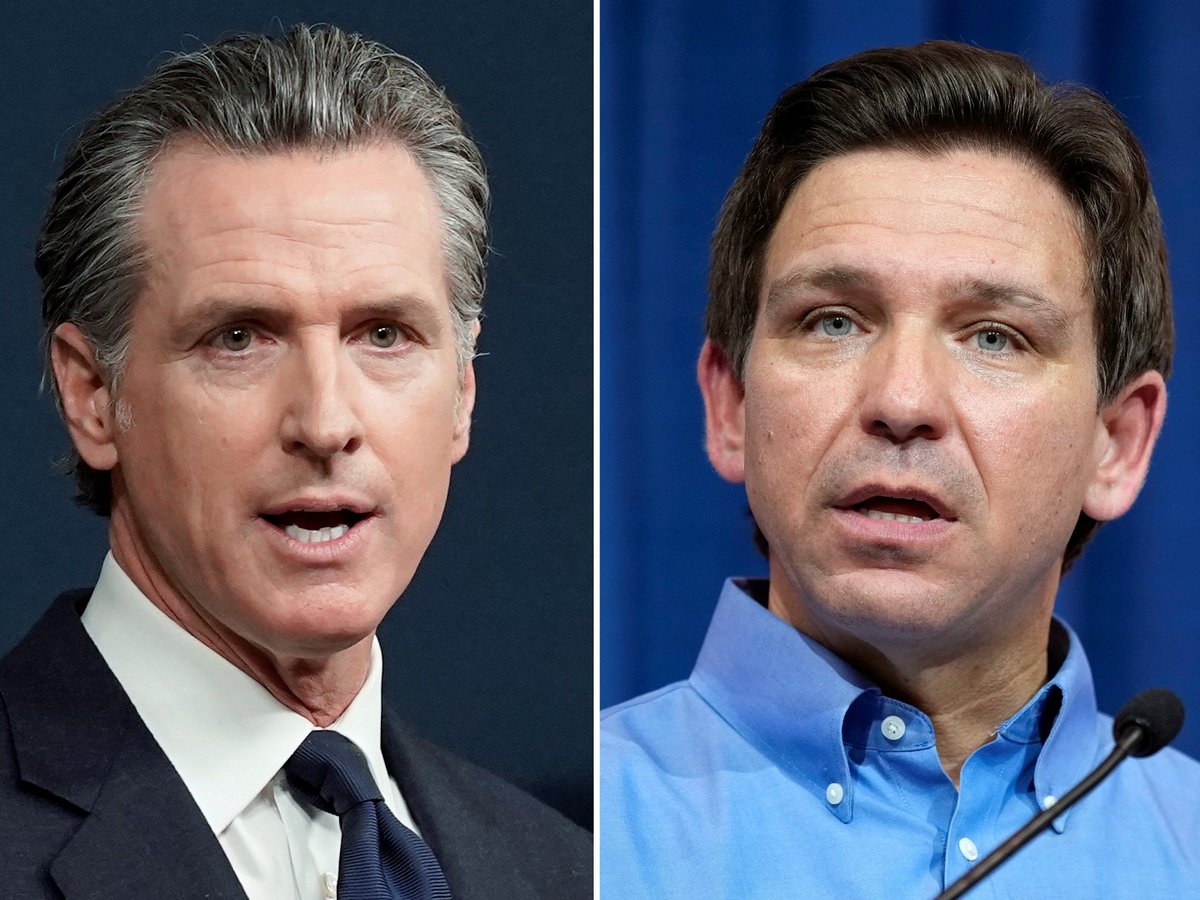 This combination of photos shows California Gov. Gavin Newsom speaking in Sacramento, Calif., on June 24, 2022, left, and Florida Gov. Ron DeSantis speaking in Sioux Center, Iowa, May 13, 2023, right.