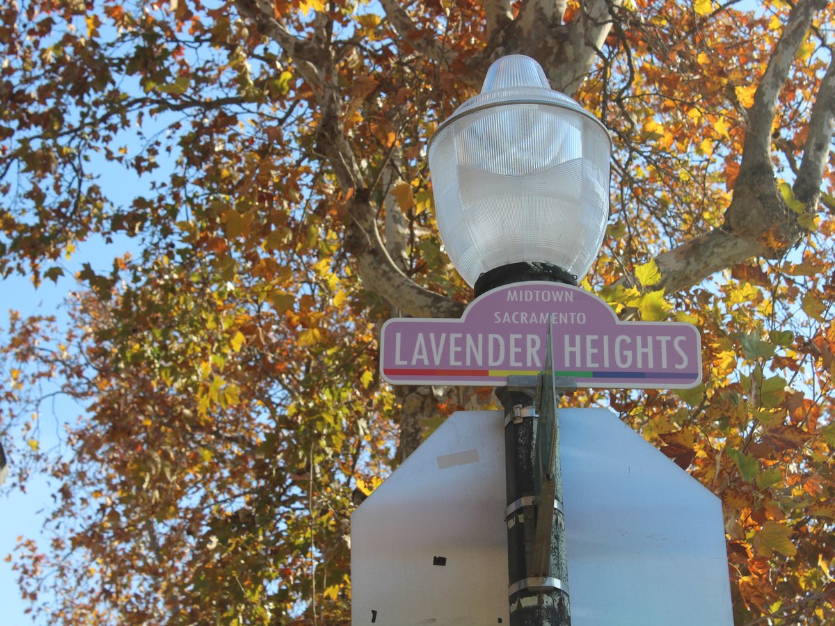 A sign designating the Lavender Heights neighborhood sits a stop sign in Midtown, Sacramento on Monday, Dec. 4, 2023.