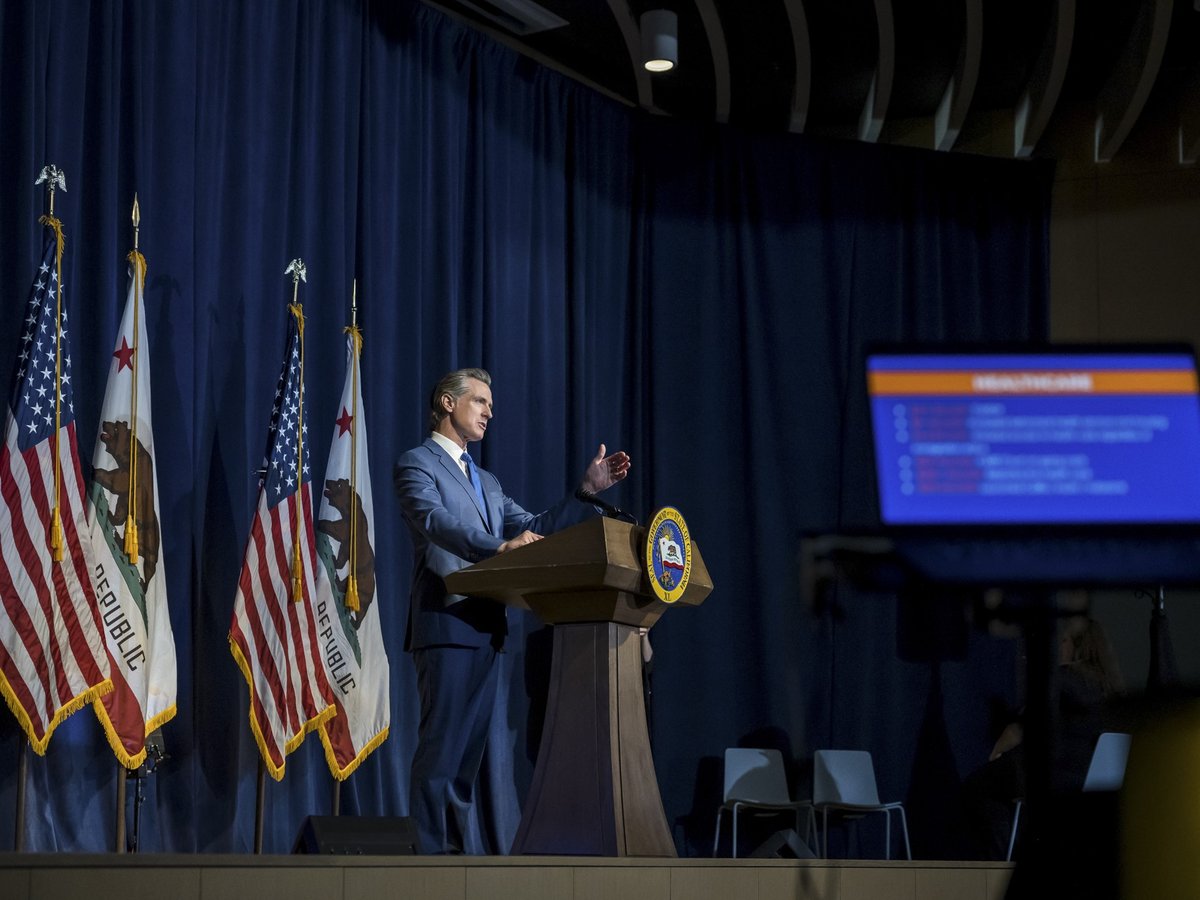 Gov. Gavin Newsom unveils his revised budget proposal for 2023-24 during a press briefing at the state Natural Resources Agency in Sacramento on May 12, 2023.
