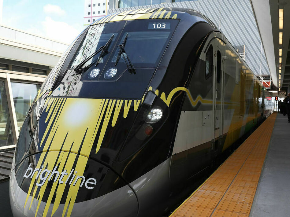 A Brightline train during its inaugural trip between Miami and West Palm Beach, Fla., in 2018.